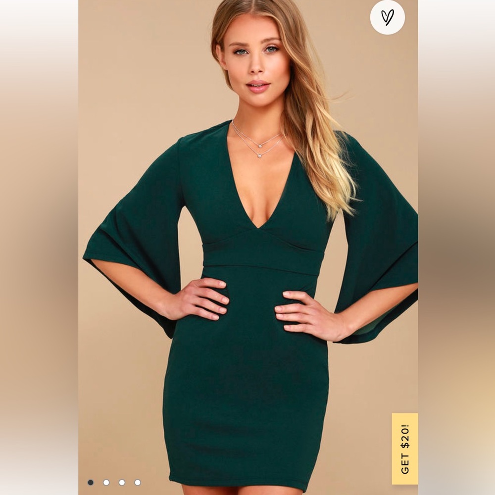 Lulu’s Glimpse of Glamour Forest Green Bell Sleeve Bodycon Dress size M